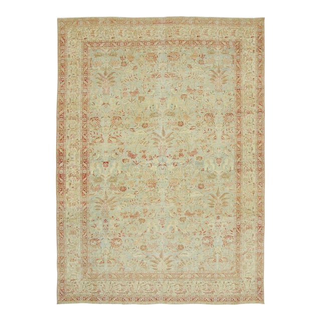 Antique Persian Tabriz Rug in Green and Terracotta Floral Design - Rug & Kilim For Sale
