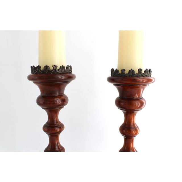 Traditional Pair of Large Turned Wood Candlesticks by Theodore Alexander, 17.5" Tall For Sale - Image 3 of 8