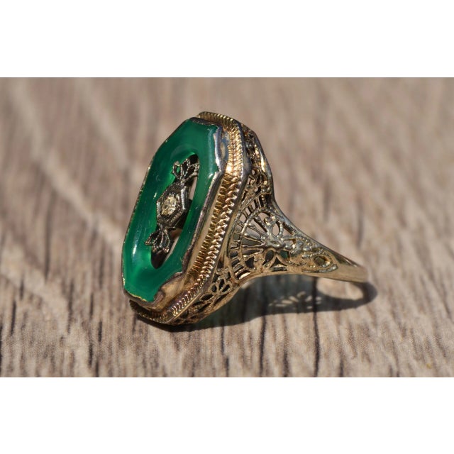 The Estelle Avenue: Antique Filigree Cocktail Ring set with Chalcedony and Diamond, Size 5.75 For Sale - Image 4 of 11