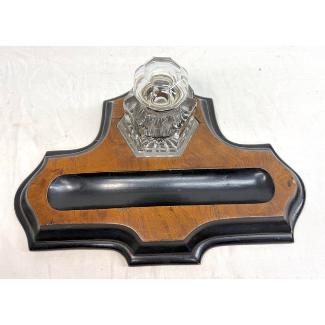 Share Antique 19th Century Handmade European Wood Glass Inkwell Pen Holder Stand For Sale - Image 4 of 12