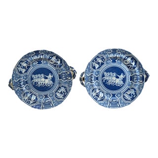 Spode Blue and White Greek Pattern Hot Water Dishes, Zeus in His Chariot, a Pair For Sale