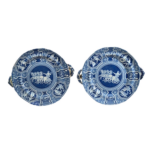 Spode Blue and White Greek Pattern Hot Water Dishes, Zeus in His Chariot, a Pair For Sale