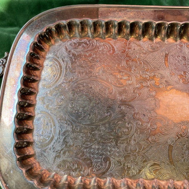 English 1970s Large Footed Silver Serving Tray With Etchings For Sale - Image 3 of 11