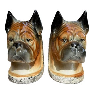 Pair of Vintage Mid-Century Ceramic Boxer Dog Busts For Sale