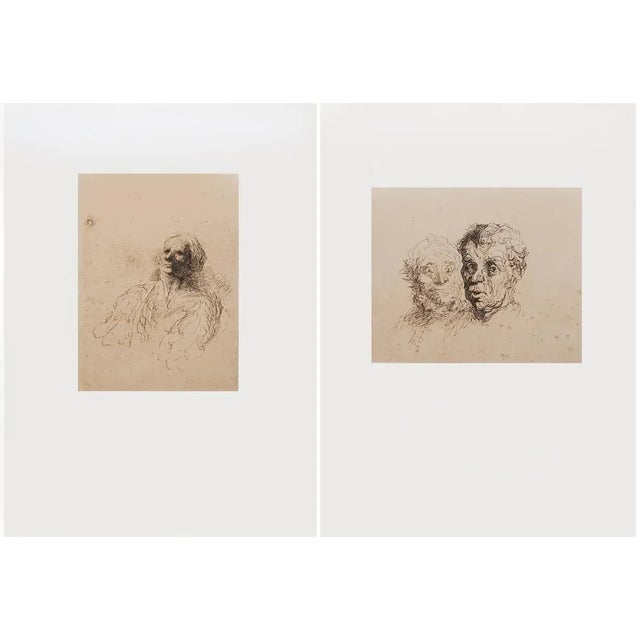 Khaki 1959 After Honoré Daumier "Study of Heads" Vintage Hungarian Photogravures - a Pair For Sale - Image 8 of 10