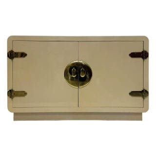 1970s Lacquered Asian Inspired Mastercraft Cabinet, Overscale Brass Hardware For Sale