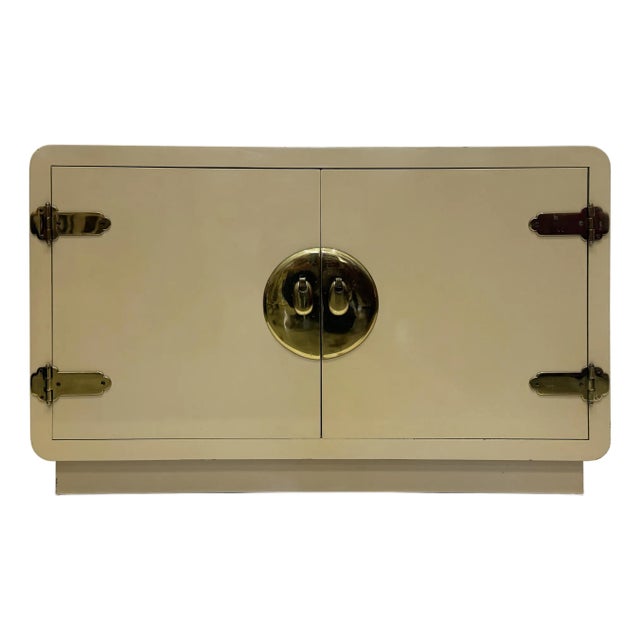 1970s Lacquered Asian Inspired Mastercraft Cabinet, Overscale Brass Hardware For Sale