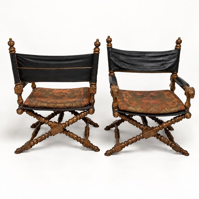 Late 20th Century Campaign Style Leather Carved Bobbin X-Frame Director Chairs Att. Marge Carson - Pair For Sale - Image 5 of 6