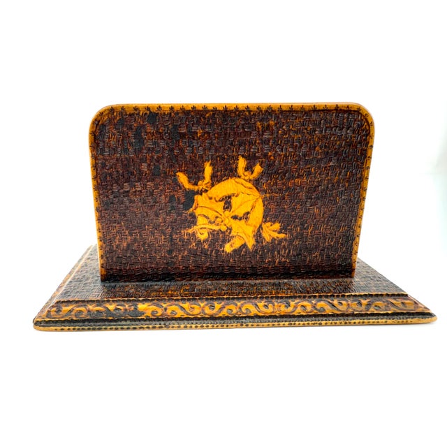 Rustic European Antique 1920's Pyrography Wood Letter Holder, Hand-Burned Desk Organizer For Sale - Image 3 of 11