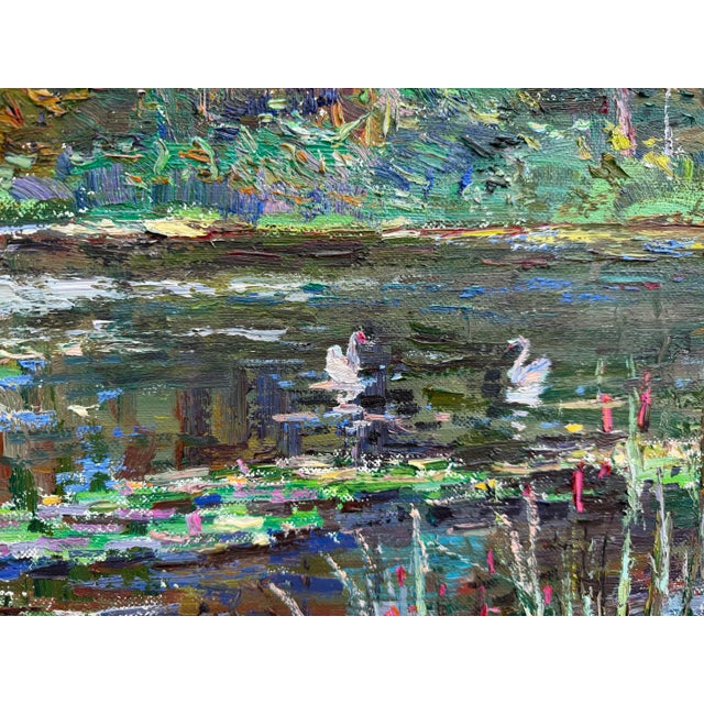 Lau Chun Water Lily Landscape Oil Painting on Canvas, Framed Impressionist Pond Scene For Sale - Image 4 of 12