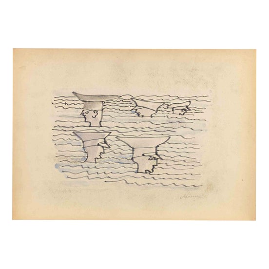 Mino Maccari, On the Air, 1960s, Watercolor For Sale