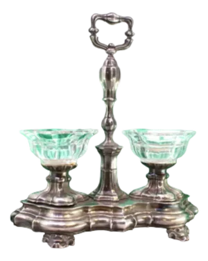 Silver Salt and Pepper Shaker with Glass Containers, Cutouts and Feet, Set of 3