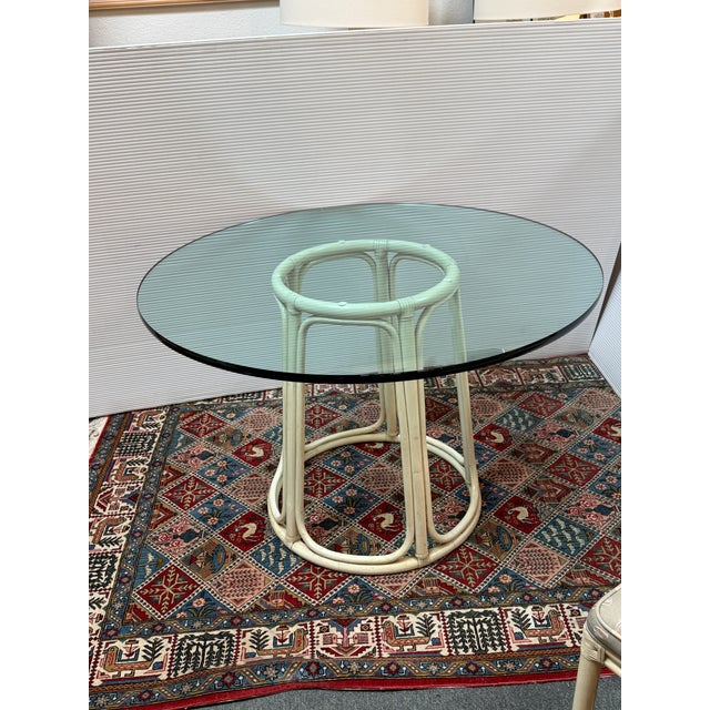 Mid 20th Century McGuire Furniture Lattice Back & Seashell Printed Dining Side Chairs and Glass Bistro Table, 28 Inches For Sale - Image 5 of 12