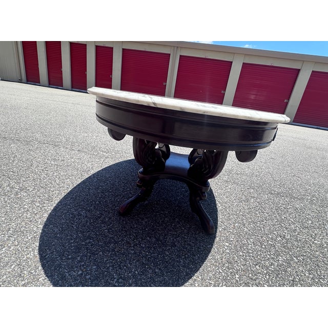 Vintage Victorian Revival Oval Marble Top Center Table With Hand-Carved Mahogany Base For Sale - Image 4 of 7