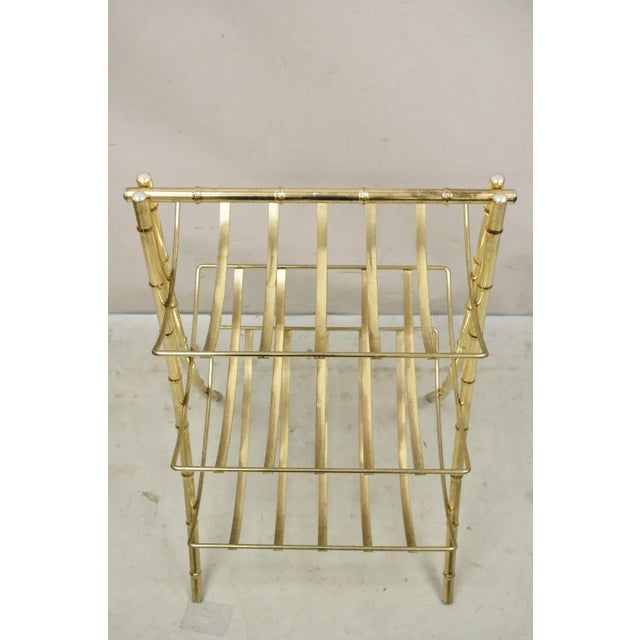 Late 20th Century Vintage Gold Metal Faux Bamboo 3 Tier Hollywood Regency Magazine Rack Stand For Sale - Image 4 of 11