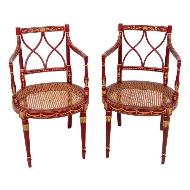 Pair Neoclassical Adams Style Hand Paint Decorated Armchairs For Sale