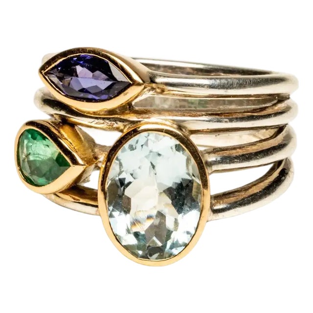 18k Gold and Sterling Cluster Ring With Aquamarine, Amethyst & Green Tourmaline For Sale