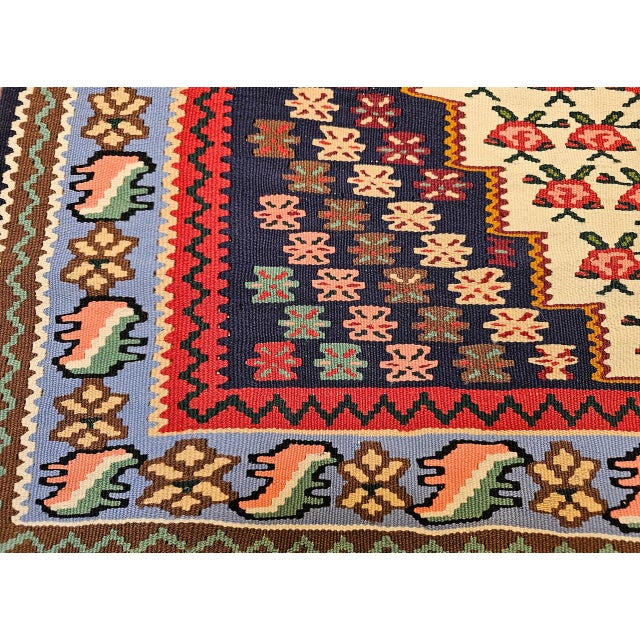 Vintage Persian Senneh Kilim Area Rug, Handwoven Wool, Floral Pattern, Ivory & Blue, 3x6 For Sale - Image 13 of 15