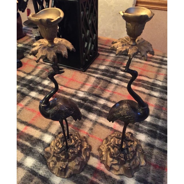 Japanese Pair of Reproduction Bronze Crane Candlesticks From the Japanese Meiji Period. For Sale - Image 3 of 3
