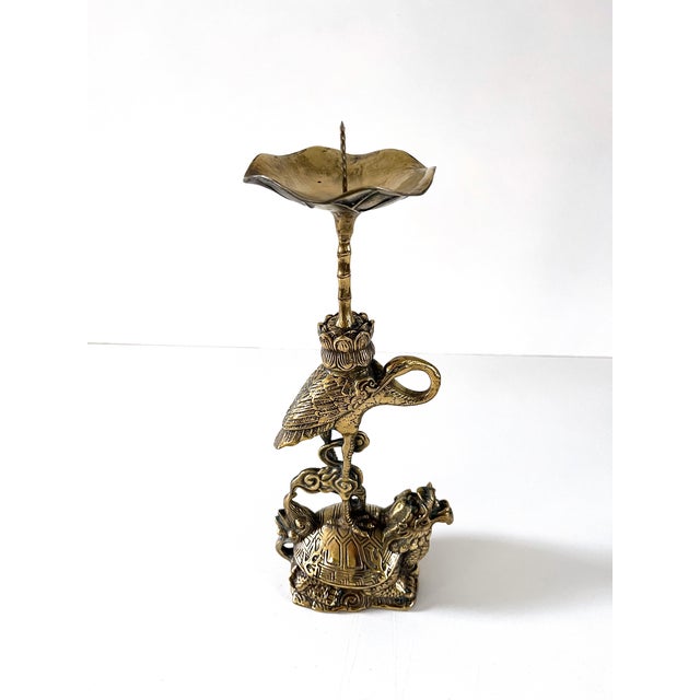 Classic Japanese turtle and crane motif in this beautifully cast solid brass candlestick. The crane and the turtle...