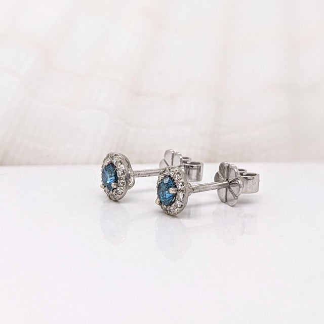 Blue Diamond Stud Earrings With Natural Diamonds in Solid 14k Gold: Round 3.5mm, Pair For Sale - Image 4 of 7