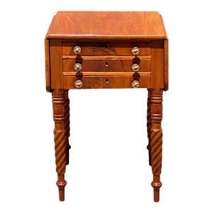 Early 19th Century Antique Mahogany 3 Drawer Worktable with Rope Carved Legs