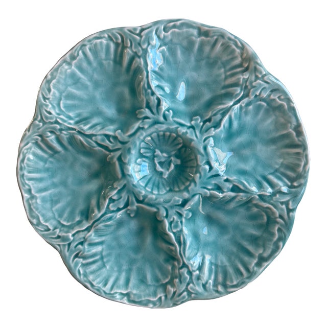 French Gien Faience Turquoise Oyster Plate, Mid 20th Century For Sale