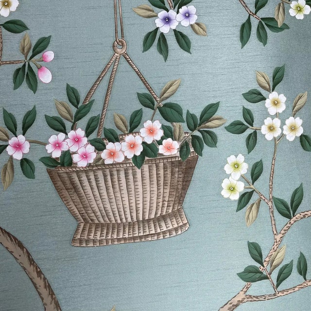 Not Yet Made - Made To Order Floral Chinoiserie Mural Hand Painted Wallpaper on Gray Green Slub Silk Panel - 3 Panels For Sale - Image 5 of 5