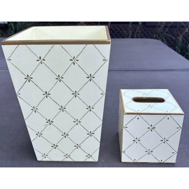 2000 - 2009 Allen G Designs Hand-Painted Ivory & Gold Wastebasket & Tissue Box Set For Sale - Image 5 of 11
