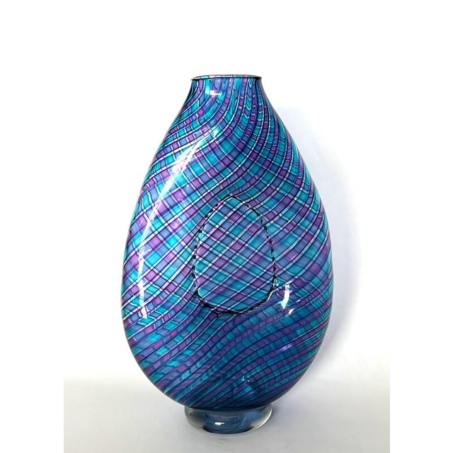 1960s Handblown Art Glass With Reticello Pattern in Blue and Lavendar in Murano Style For Sale - Image 5 of 14
