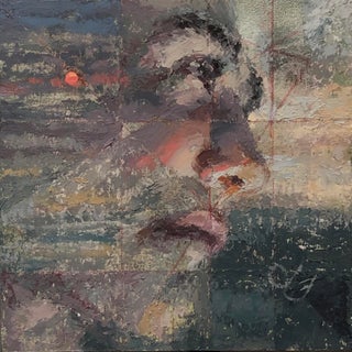 A Realist by Lisa Fricker | Oil on Panel Portrait of a person's face with abstract background For Sale