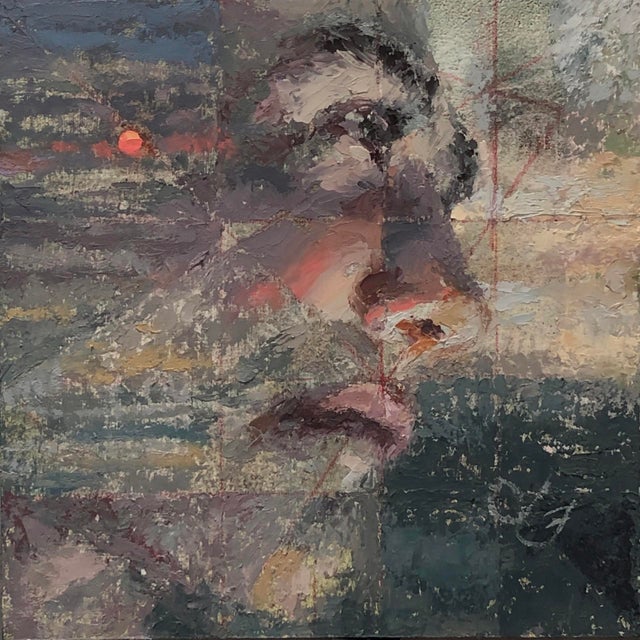 A Realist by Lisa Fricker | Oil on Panel Portrait of a person's face with abstract background For Sale