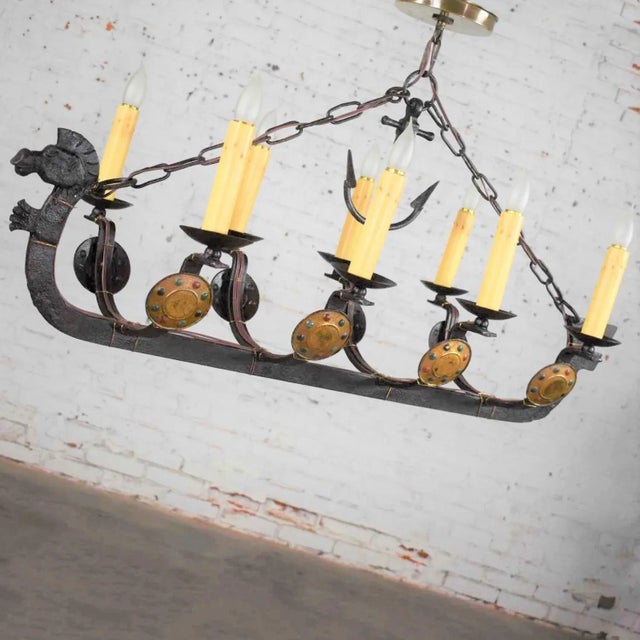 Antique Gothic or Spanish Revival Style Cast Iron Chandelier Viking Longboat Ship With Horse Head and Shields For Sale - Image 12 of 13