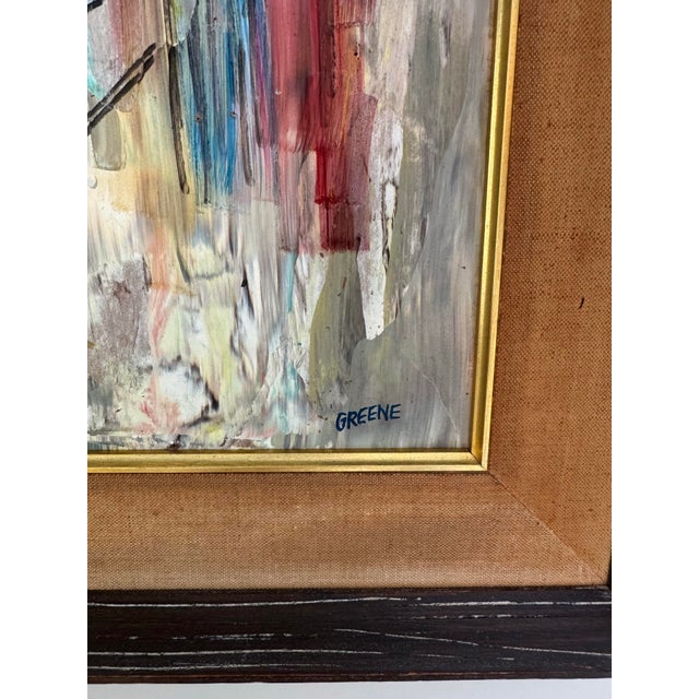 Large Oil Painting Abstract Cityscape Mid Century Modern Art Framed Signed Greene For Sale - Image 4 of 7