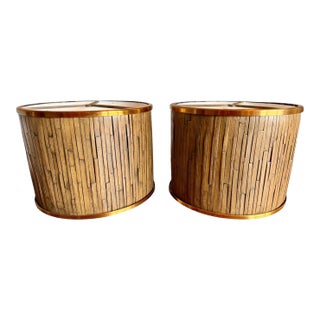 Vintage Mid Century Modern Split Bamboo Lamp Shades Pair-Brass-Tiki-Organic Modern-Tropical - a Pair For Sale