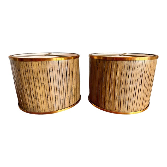 Vintage Mid Century Modern Split Bamboo Lamp Shades Pair-Brass-Tiki-Organic Modern-Tropical - a Pair For Sale
