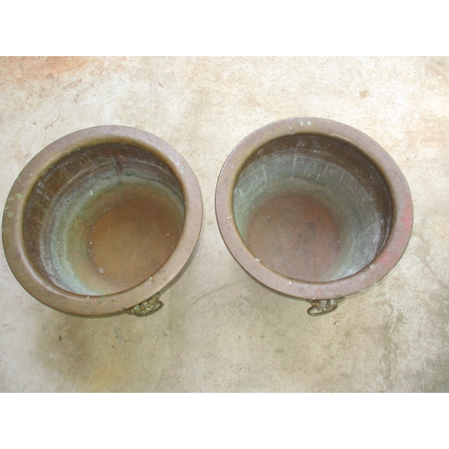 Vintage Large Hammered Brass With Foo Dog Handles Planter, A Pair For Sale - Image 4 of 10