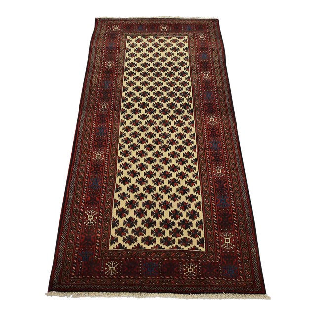 Baloch Rug 3’5” X 6’9” Ivory Wool Vintage Tribal Hand-Knotted Carpet For Sale