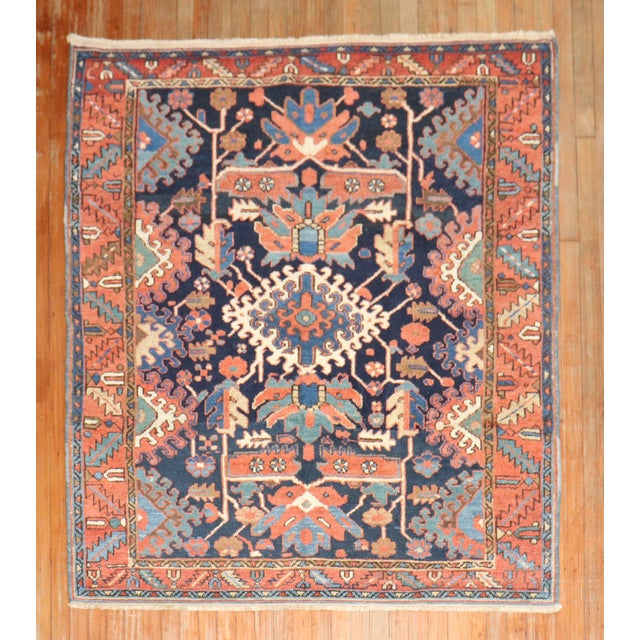 Early 20th Century Zabihi Collection Antique Persian Square Navy Geometric Heriz Rug - 5' x 5'8" For Sale - Image 5 of 8