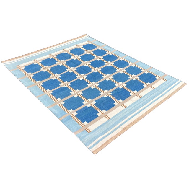 Casa Cosima Handmade Cotton Geometric Area Rug, Sky Blue, Cream, Beige and Tan Dhurrie-88"x132" For Sale - Image 4 of 14