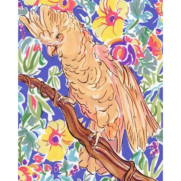 Cheerful, colorful and decorative painting of cockatoo in jungle foliage. Loosely painted in Bloomsbury look with gouache...