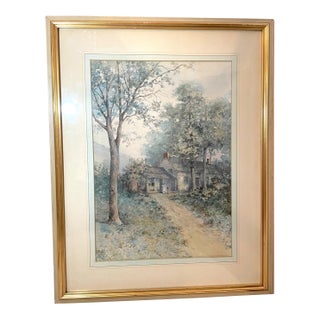 1940s Original Landscape Home Woods Realism Watercolor Painting Country Art Nl For Sale
