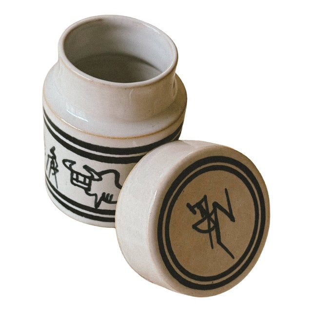 Hand-Painted Ceramic Storage Jar with Folk Decoration For Sale
