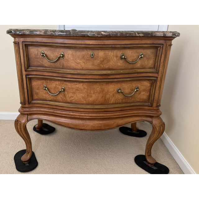 Pair of French Provincial Burl Wood Nightstands With Marble Tops – Bombe Chest Style For Sale - Image 9 of 13