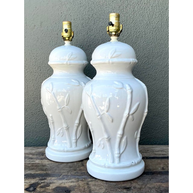 Mid-Century Modern Vintage Glazed Ceramic Bamboo Lamps - A Pair For Sale - Image 3 of 12