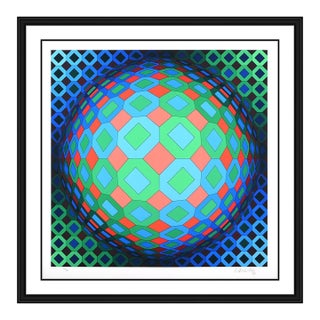 1990 Vega Cor Geometric Abstract Teal Screen Print Victor Vasarely For Sale