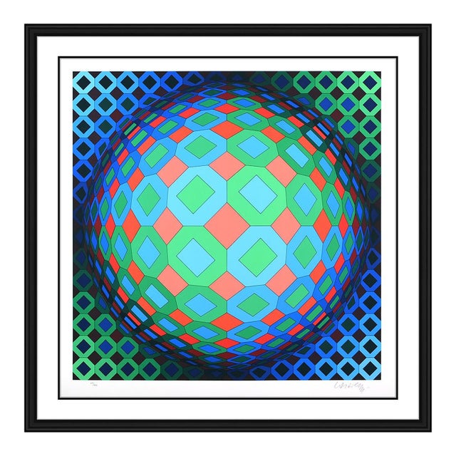 1990 Vega Cor Geometric Abstract Teal Screen Print Victor Vasarely For Sale