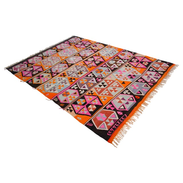 Vibrant Turkish Kilim Rug, 1966 Dated Vintage Tribal Rug, Pink and Orange Geometric Flatweave 6x8 Ft Approx For Sale - Image 6 of 18