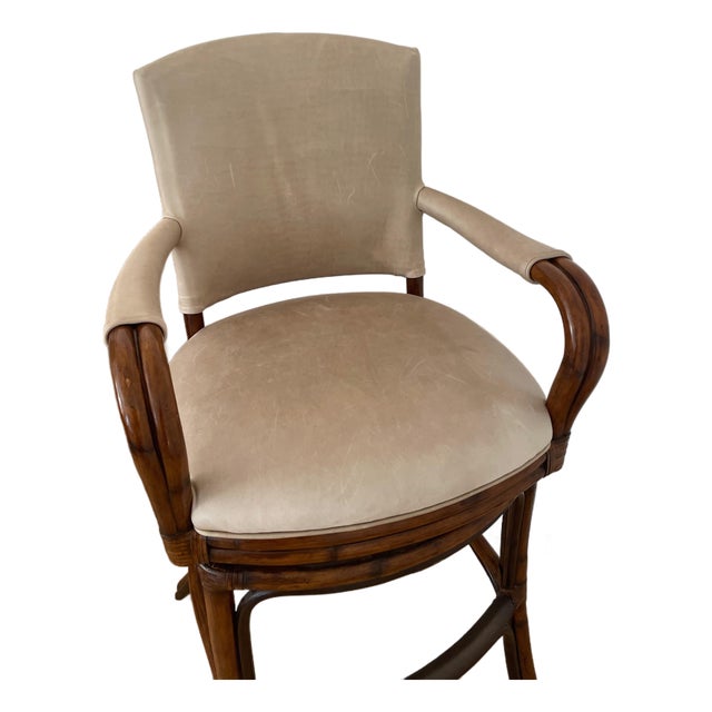 Late 20th Century Palecek Rattan & Leather Swivel Bar Stool | Bay Area Trade Brand For Sale