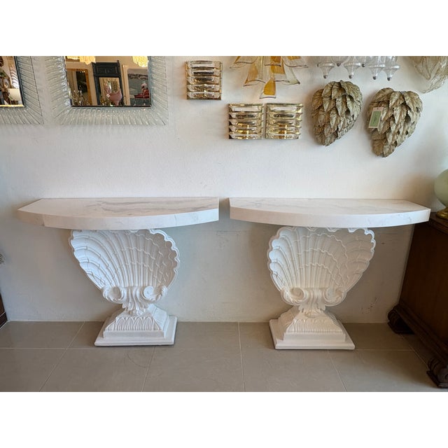 Grosfeld House Grosfeld House Seashell Shell Scalloped Pair Demi Lune Wall Console Table Marble For Sale - Image 4 of 18